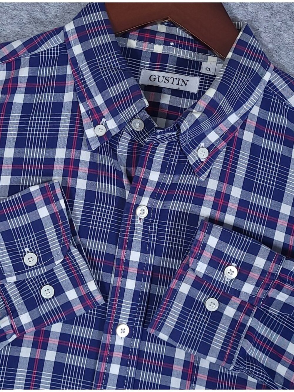 Gustin Mens Blue Pink Plaid Cotton Button Down Shirt USA Made Classic Fit Large